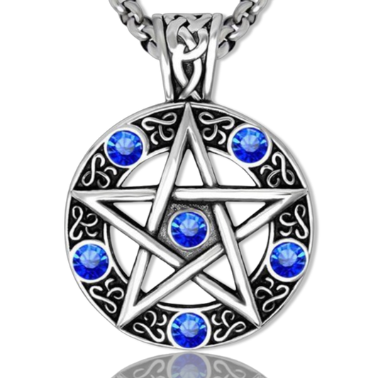 Pentagram Pendant  Chain Included Blue Stones Did you know? The pentagram has been used throughout history - by Greek mathematicians, Middle Age knights, Freemasons, Muslims, and of course Pagans and Wiccans. In the occult, the five points often represent the five elements of air, fire, water, earth, and spirit.